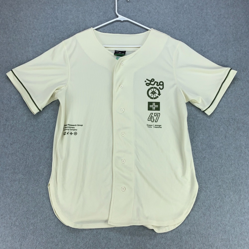 LRG Baseball Jersey Mens Medium Cream Green Graphic Button Up Streetwear 8449